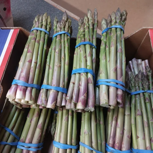 Asparagus’s bunched togther and stacked on one another at Roselea Farm Shop and Nursery