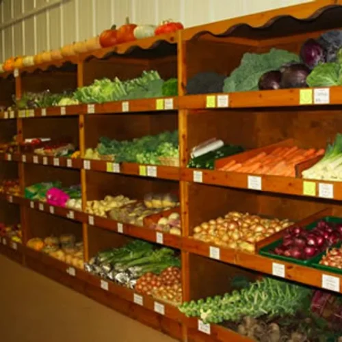 Shelves containing various vegetables and fruits at Roselea Farm Shop and Nursery